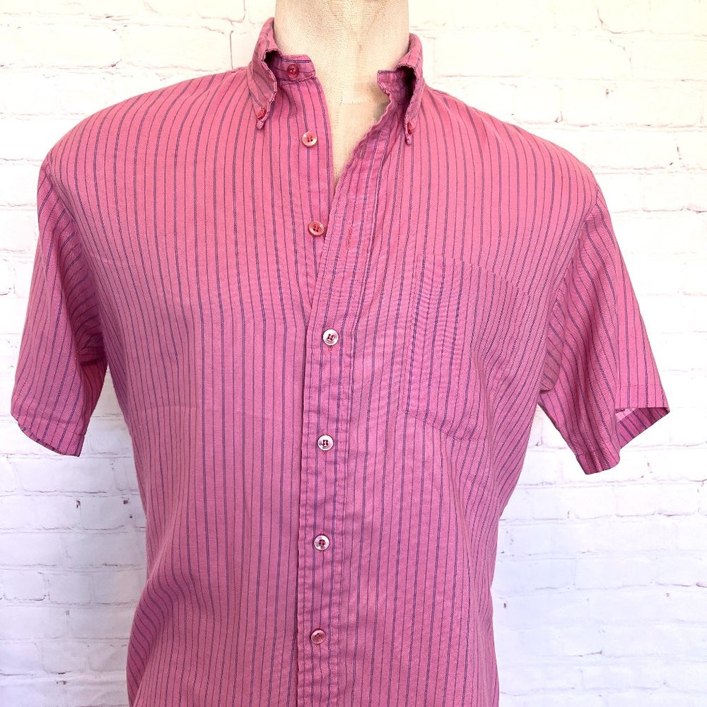 60's Campus Pink Stripe Mens Oxford Short Sleeve Shirt - Size Large 16-16 1/2
